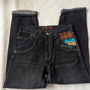 COOGI Men's Black Cargo Pants with Blue and Orange Details